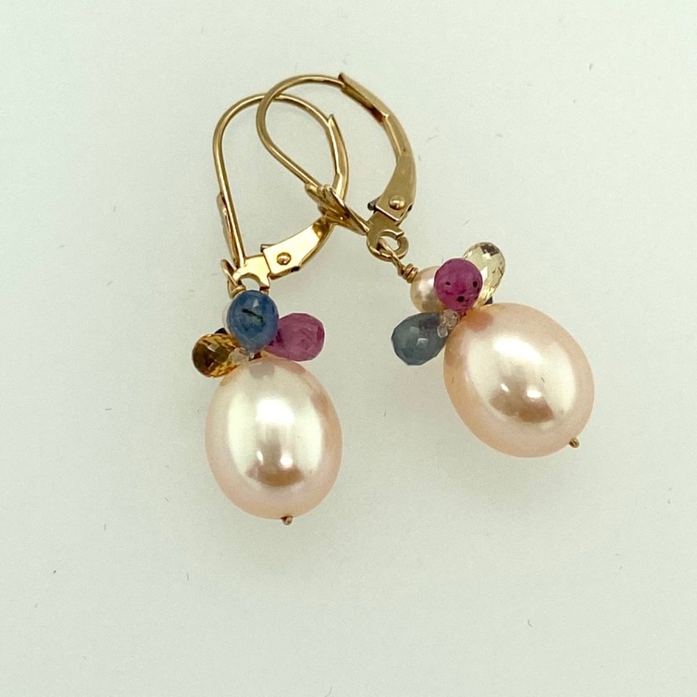 14Kt Yellow Gold Golden Rose Pearl Drop Earrings with Multicolored Tourmaline